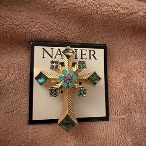 Napier Gold Cross Brooch with Green and Purple Accents